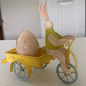 Easter Bunny Figurine on Yellow Metal Tricycle Ceramic Easter Egg